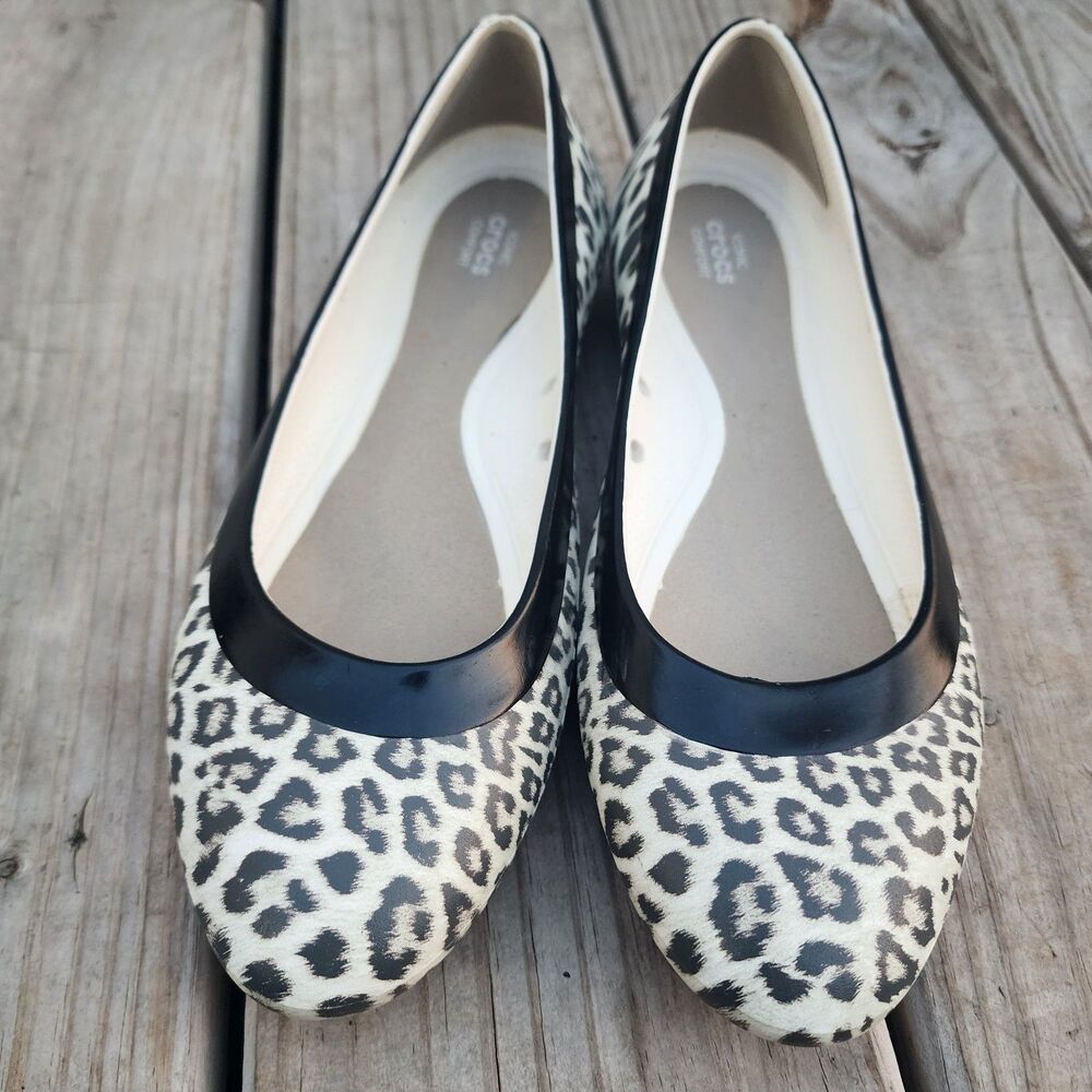Crocs Flats Womens Sz 10 Black Leopard Cheetah Iconic Comfort Shoes Ballet Flats
